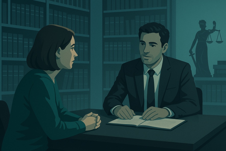 Client consulting lawyer in legal library